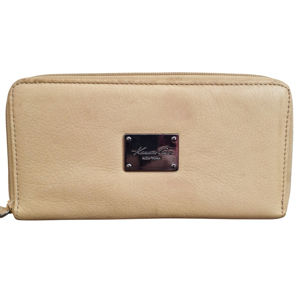 Kenneth Cole New York Women Tan Beige Genuine Leather Zip Around Wallet Large
